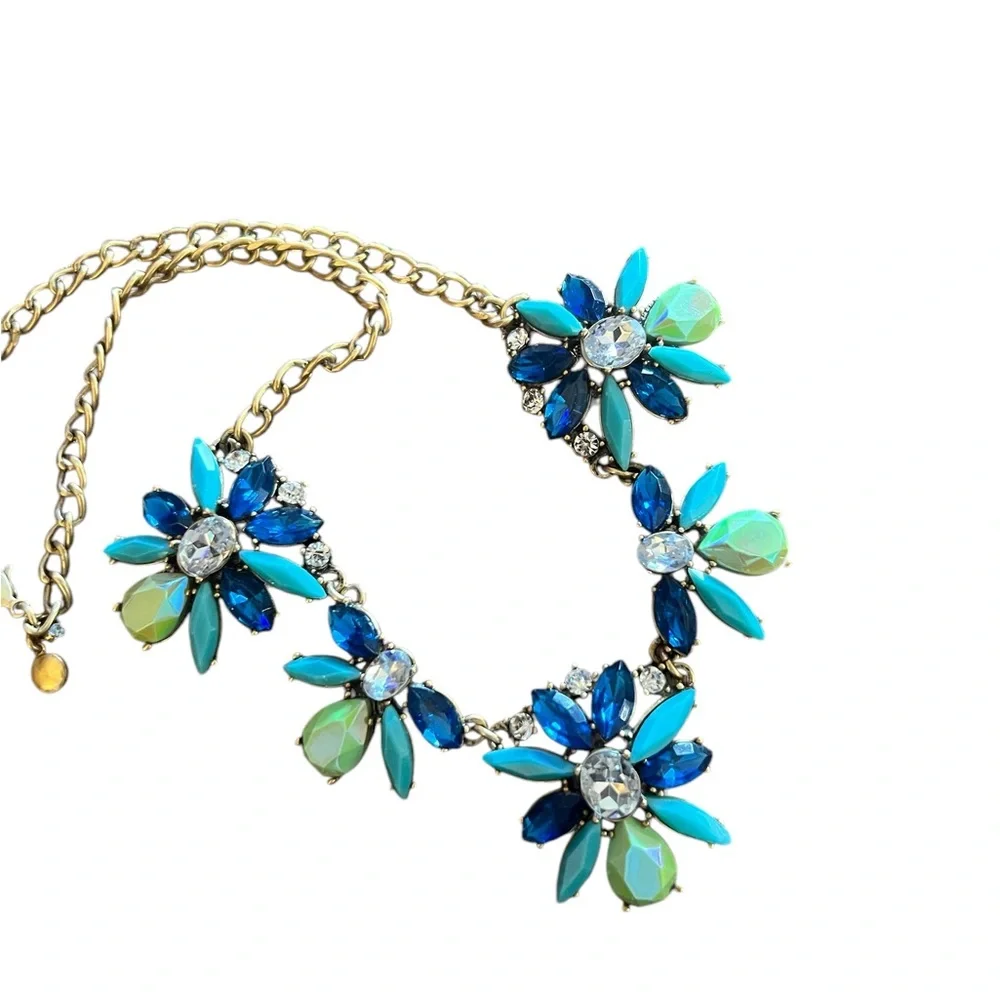 EUC~ J CREW flower Necklace blues and greens w/ Rhinestones